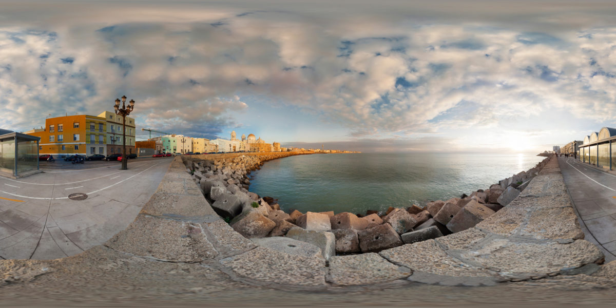 The Cathedral and old town from breakwater. Cadiz. Spain