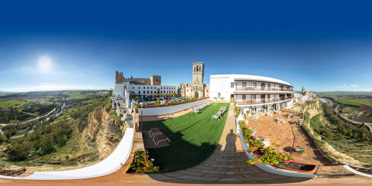 Viewpoint from the Parador Hotel with the castle and Santa Maria Church. Arcos de la Frontera. Cadiz. Spain