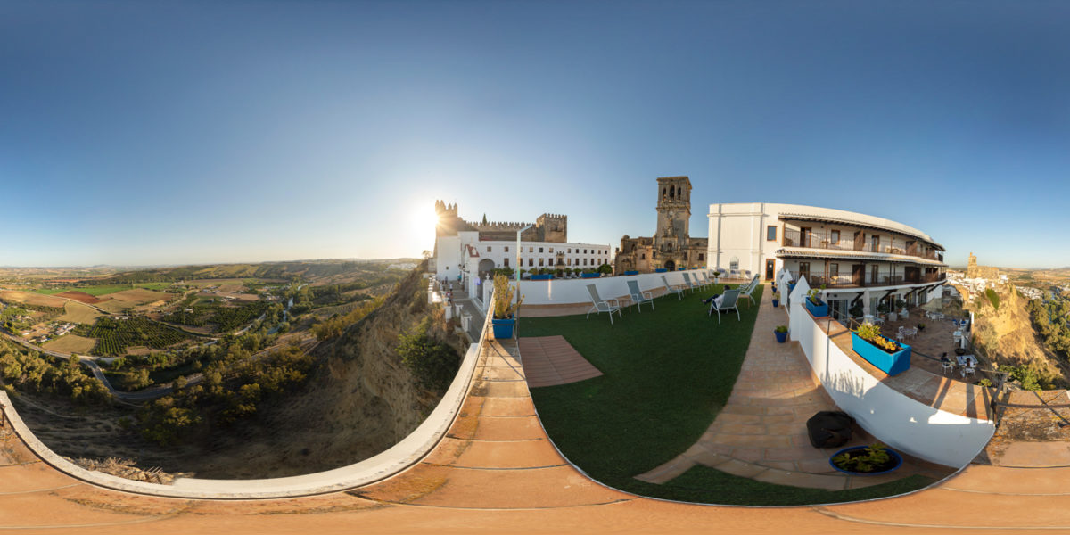 Viewpoint from the Parador Hotel with the castle and Santa Maria Church. Arcos de la Frontera. Cadiz. Spain