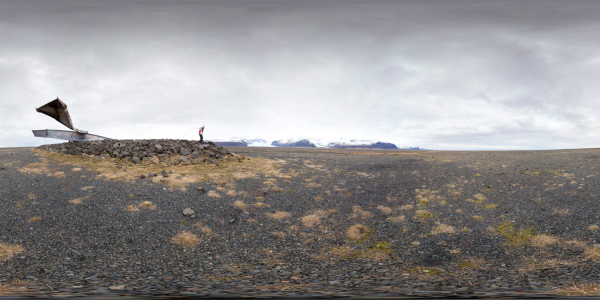Skeiðarársandur glacier and monument to the destroyed highway bridge. Iceland